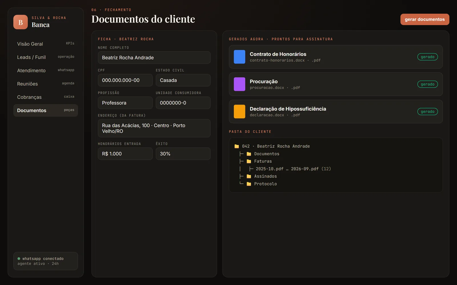 Tela de documentos da Banca: contrato e procuração gerados a partir da conversa, com dados fictícios
